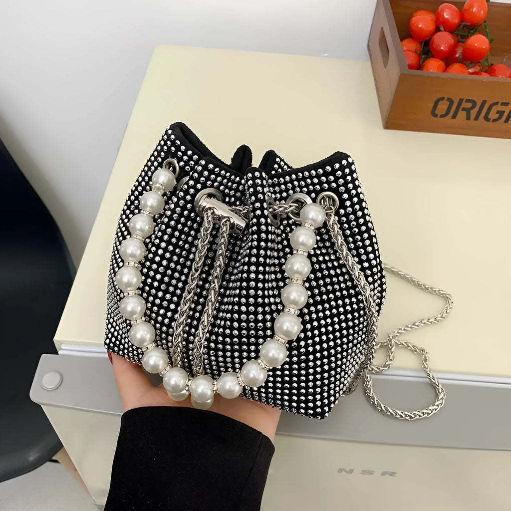 Women's diamond pattern PU leather crossbody bucket bag with western chain strap in choice of colours