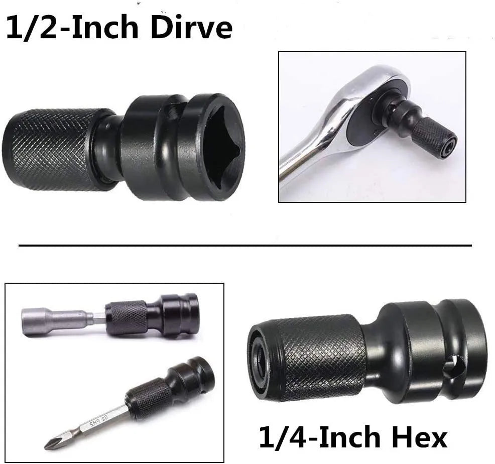 Telescopic steel bit holder adapter converting 1/2 inch square drive to 1/4 inch hex drive with O-ring bolt.