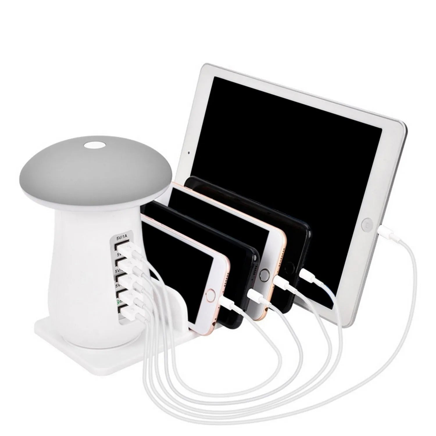Mushroom-shaped white USB charging dock with 5 ports and integrated LED night lamp on desk
