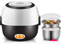 A compact cubic USB-powered lunch box showing two-layer and three-layer capacity options for portable food heating.