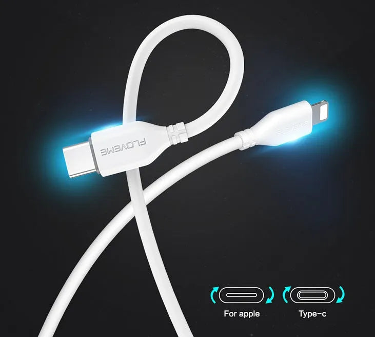 White braided USB-C to Lightning charging cable for iPhone with reinforced connectors