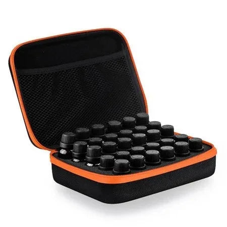 Red EVA essential oil storage bag with 30 compartments for 15ml bottles, shown wall-mounted.