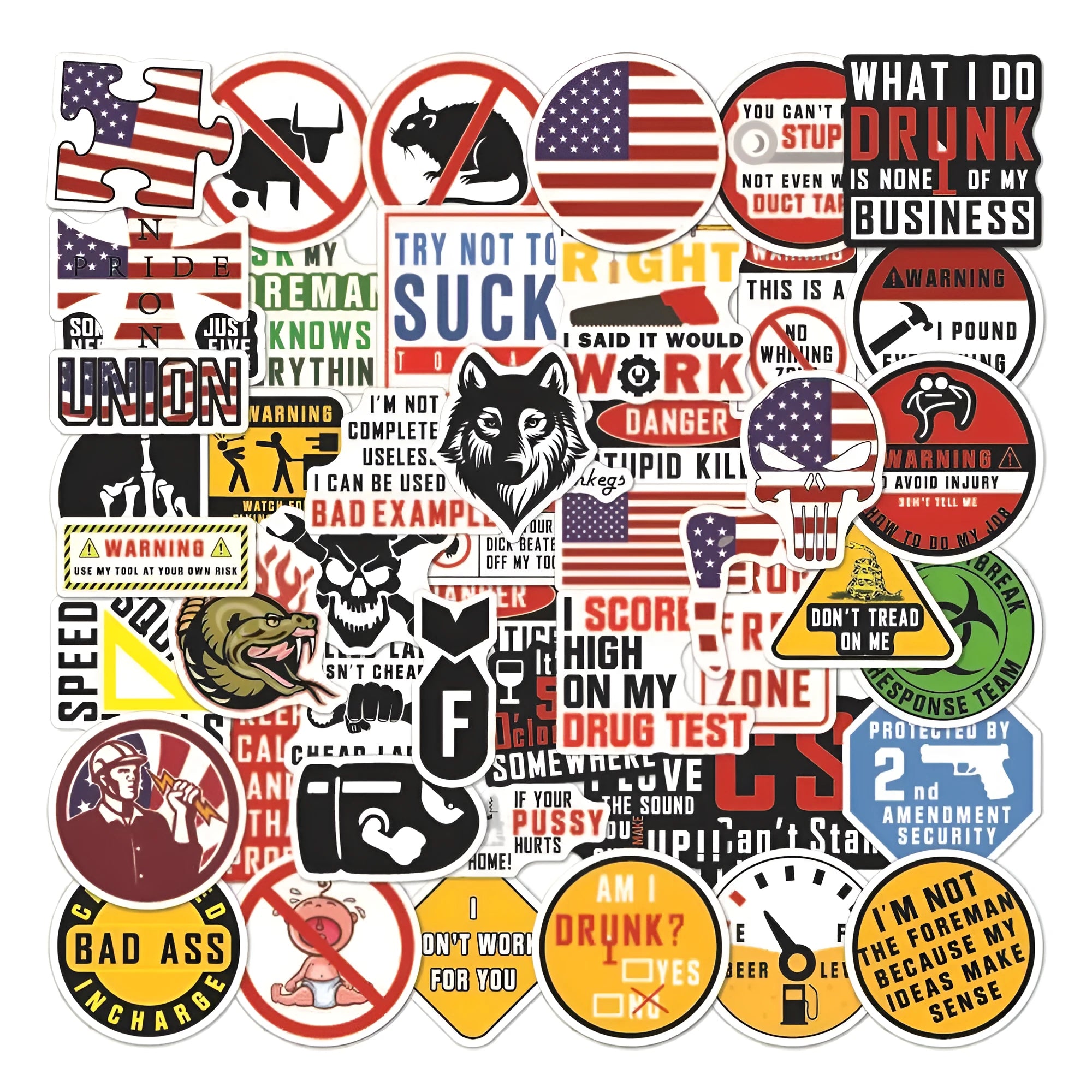 Pack of 50 waterproof PVC warning stickers for helmets, featuring various slogans printed in four colours.