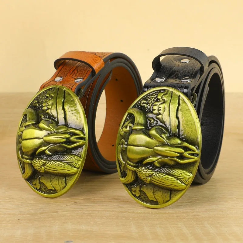 Men's black imitation leather belt with decorative alloy cow head buckle and pin buckle fastening