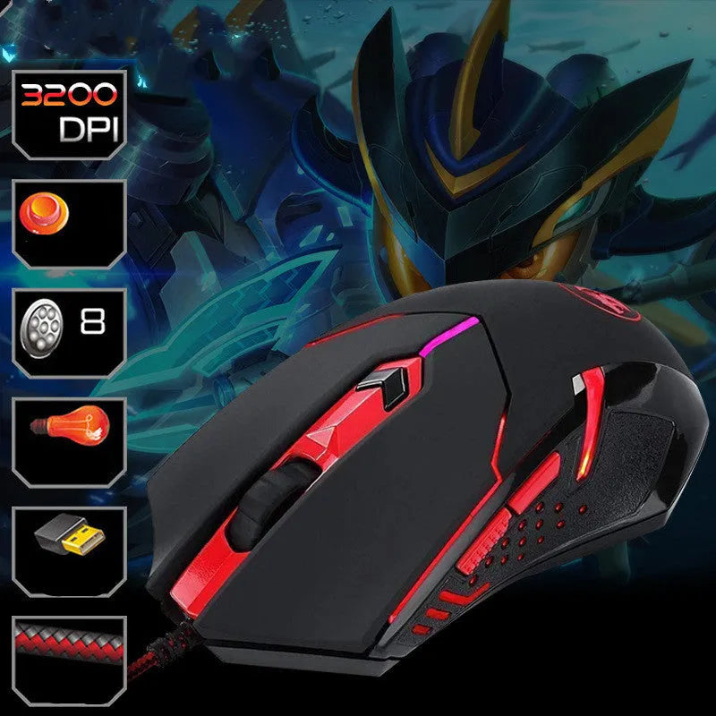 Black and red USB wired gaming mouse with six buttons and adjustable DPI settings on a desktop.
