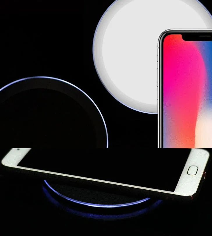 Ultra-thin wireless charger pad in black with LED indicator light and USB cable