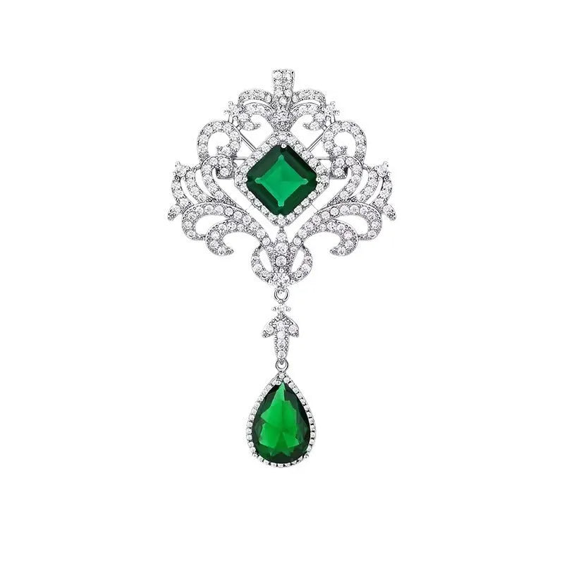 Emerald crystal hollow-out court-style brooch for women, alloy crown shape with tassel, 7x4cm, palace style green