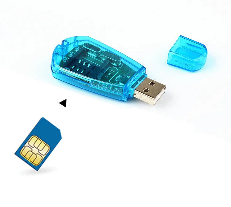 Blue external USB 2.0 SIM card reader for mobile phone data backup and transfer on a desk