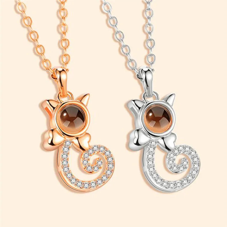 S925 silver cat-shaped pendant necklace with custom photo projection on Rose Gold chain