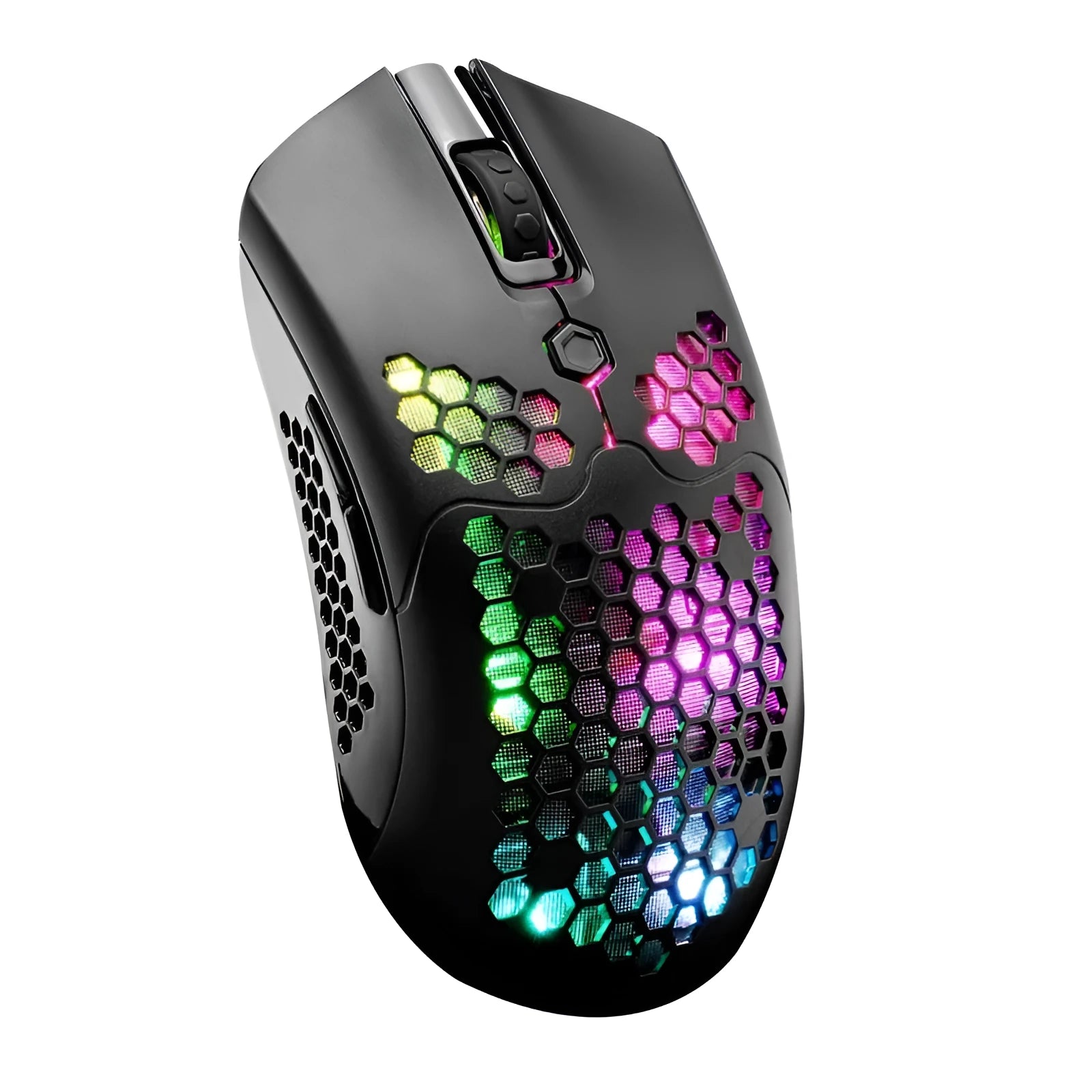 Free Wolf X2 wireless gaming mouse with RGB lighting shown in black, green, pink, white, and yellow colour variants.