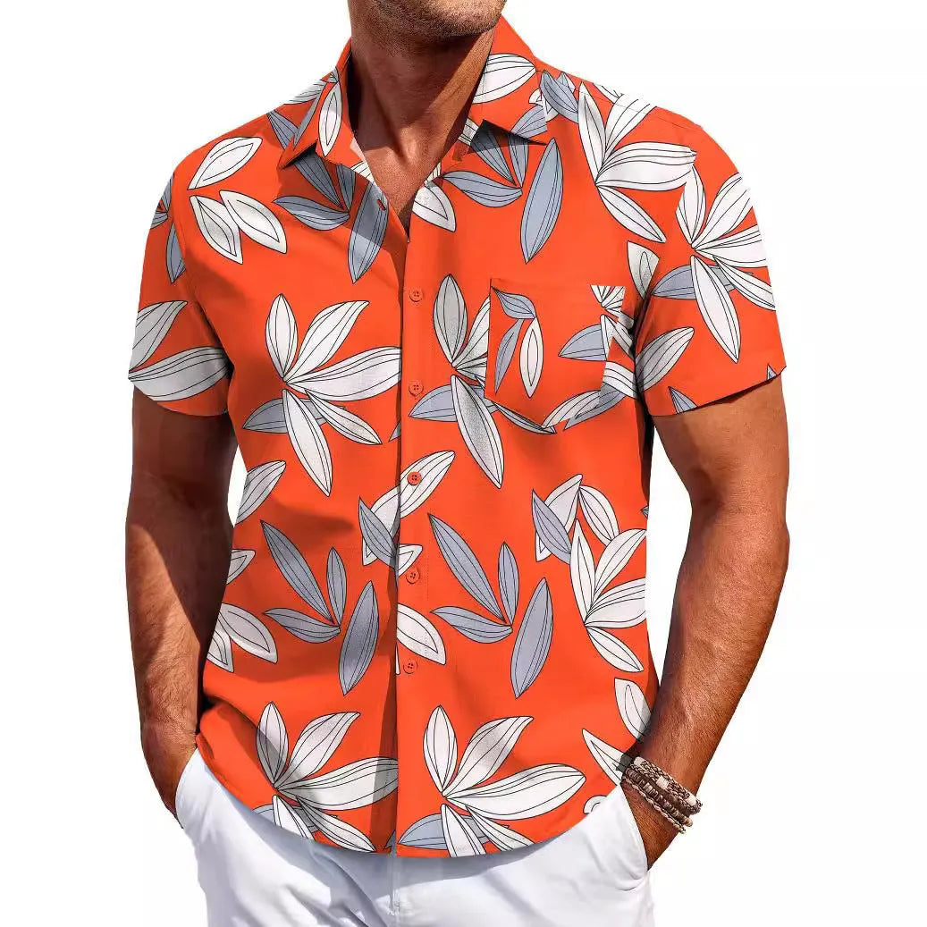 A man wearing a slim-fit short-sleeve shirt in a solid colour, showing the cardigan style and elastic fabric.