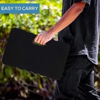 Blue EVA foam garden kneeler pad on soil, showing its 45 cm length and 4 cm thickness.