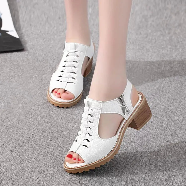Retro style women's sandals with a side zip, middle heel, in black, creamy white, and white.