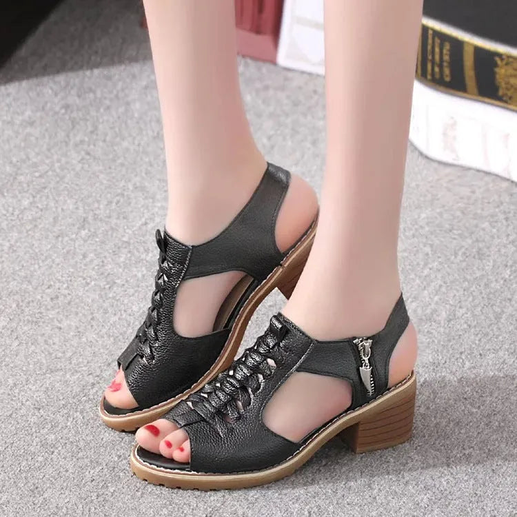 Retro style women's sandals with a side zip, middle heel, in black, creamy white, and white.