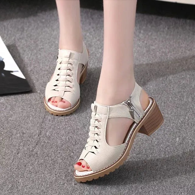 Retro style women's sandals with a side zip, middle heel, in black, creamy white, and white.