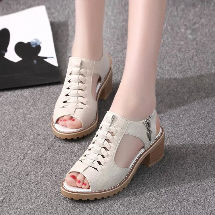 Retro style women's sandals with a side zip, middle heel, in black, creamy white, and white.
