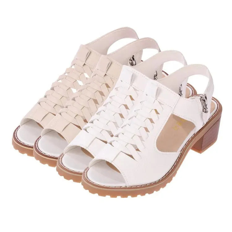 Retro style women's sandals with a side zip, middle heel, in black, creamy white, and white.