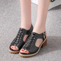 Retro style women's sandals with a side zip, middle heel, in black, creamy white, and white.