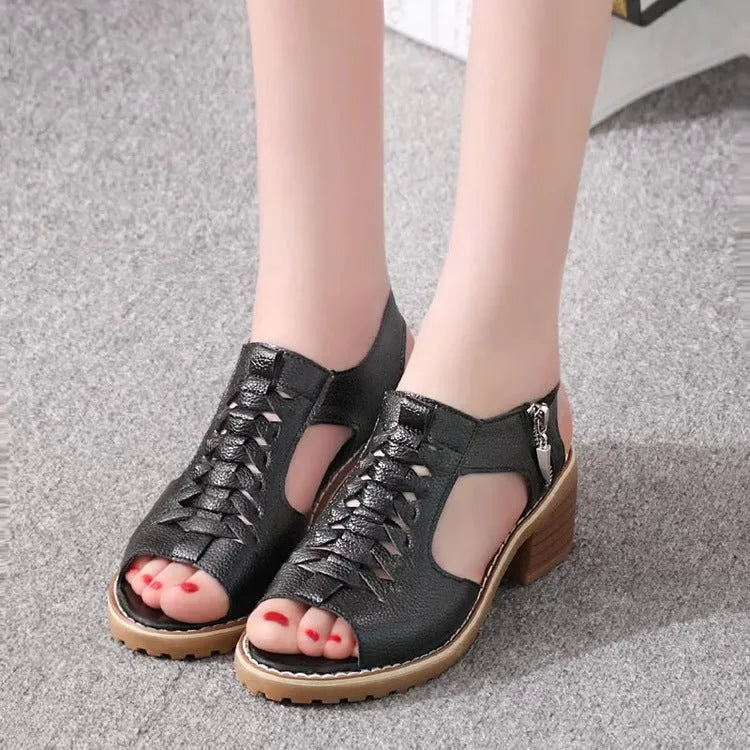 Retro style women's sandals with a side zip, middle heel, in black, creamy white, and white.