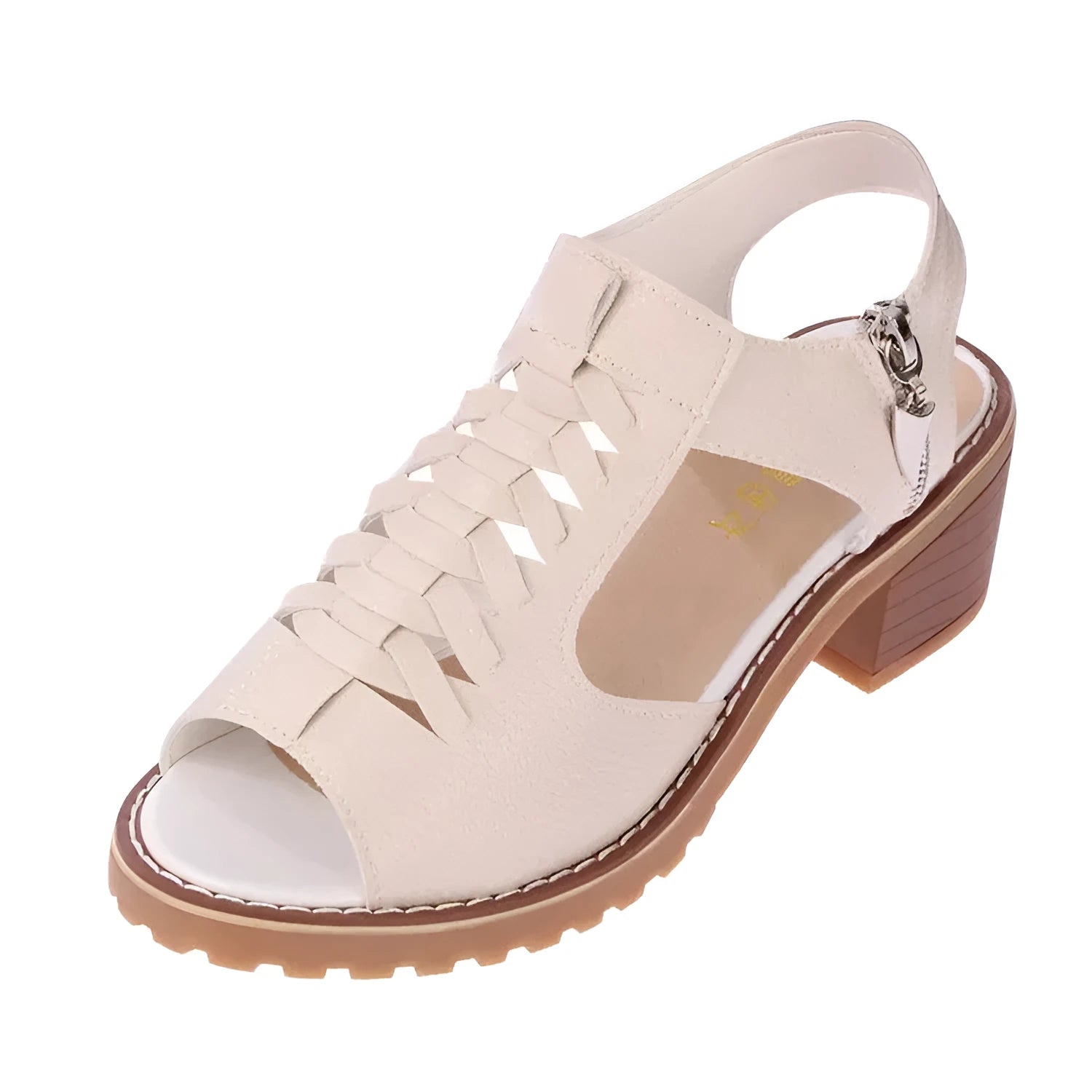 Retro style women's sandals with a side zip, middle heel, in black, creamy white, and white.