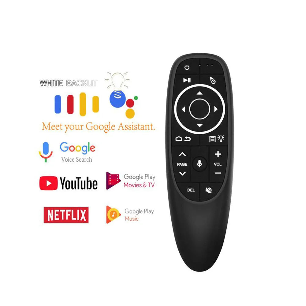 G10 series intelligent voice remote control with silicone buttons and plastic shell, shown next to its packaging box.