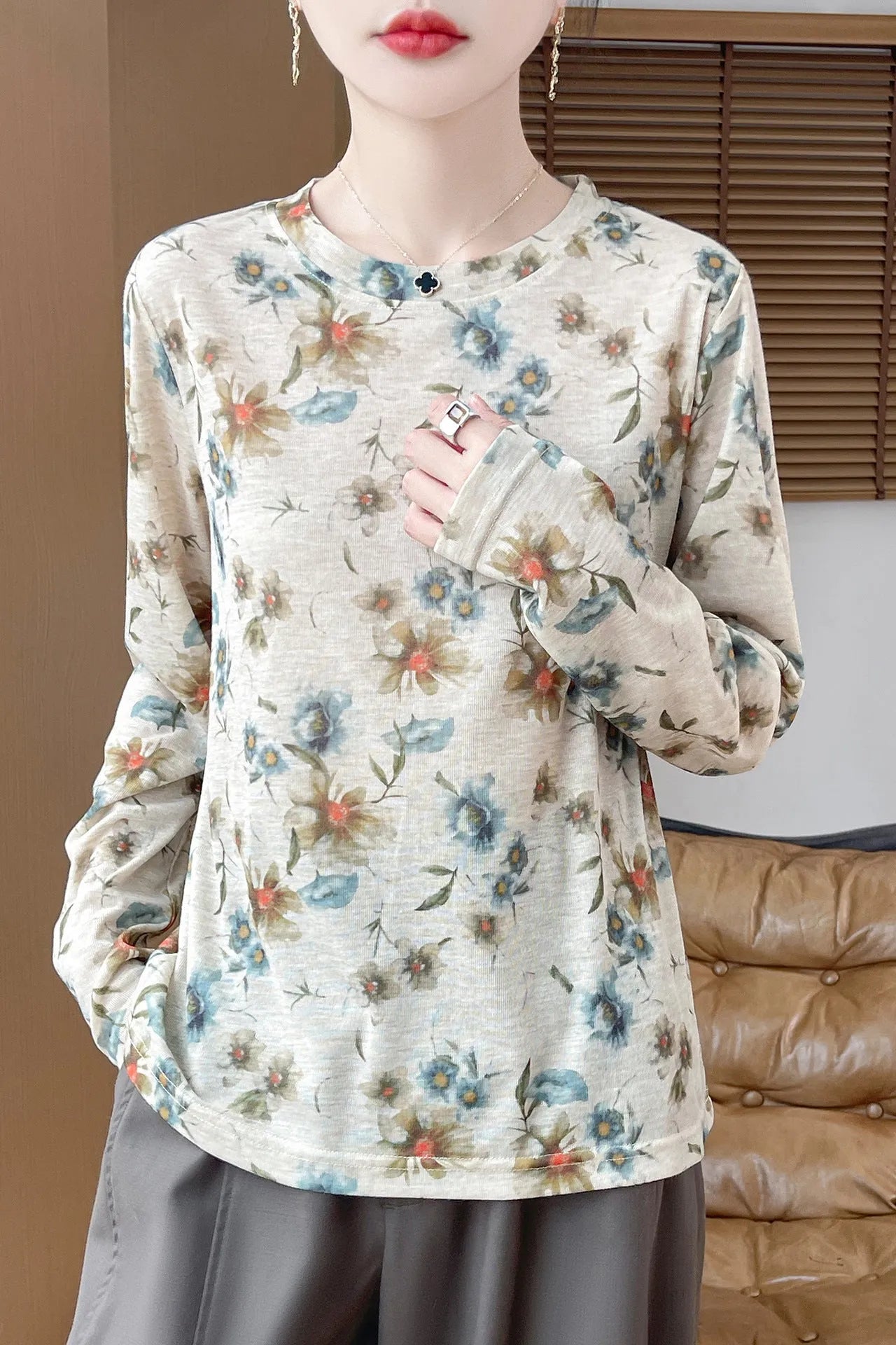 Women's round neck Tencel cotton pullover shirt with floral print, shown in a basic style with regular sleeves.