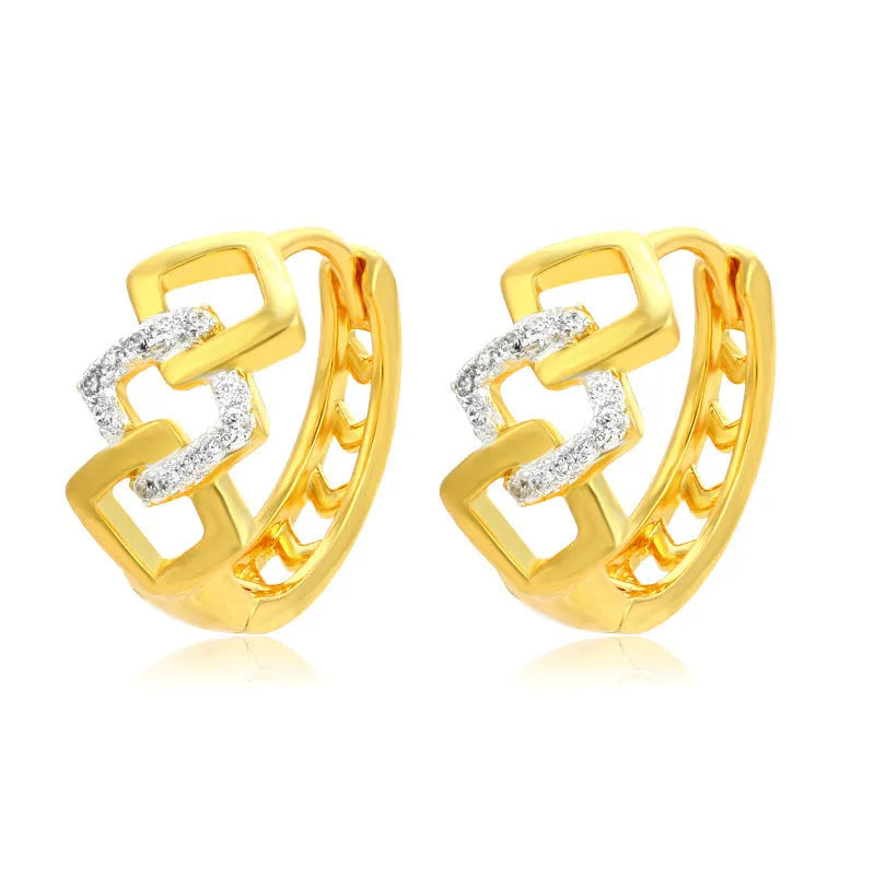 Gold geometric hollow out earrings with electroplated finish at ear clip area