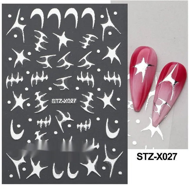 Close-up of a cartoon-style nail sticker with black and silver strips and a love pattern design on a fingernail.