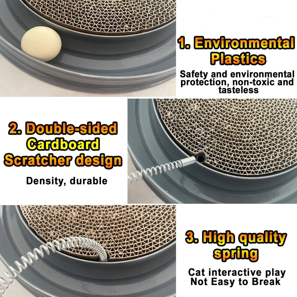 Interactive cat scratcher with rolling ball track and replaceable cardboard centre in blue colour