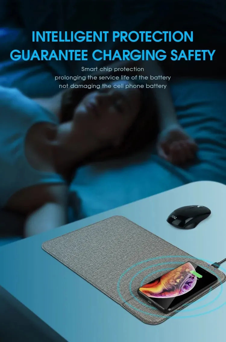 Foldable fabric phone holder with integrated 10W wireless charging pad shown open and closed.