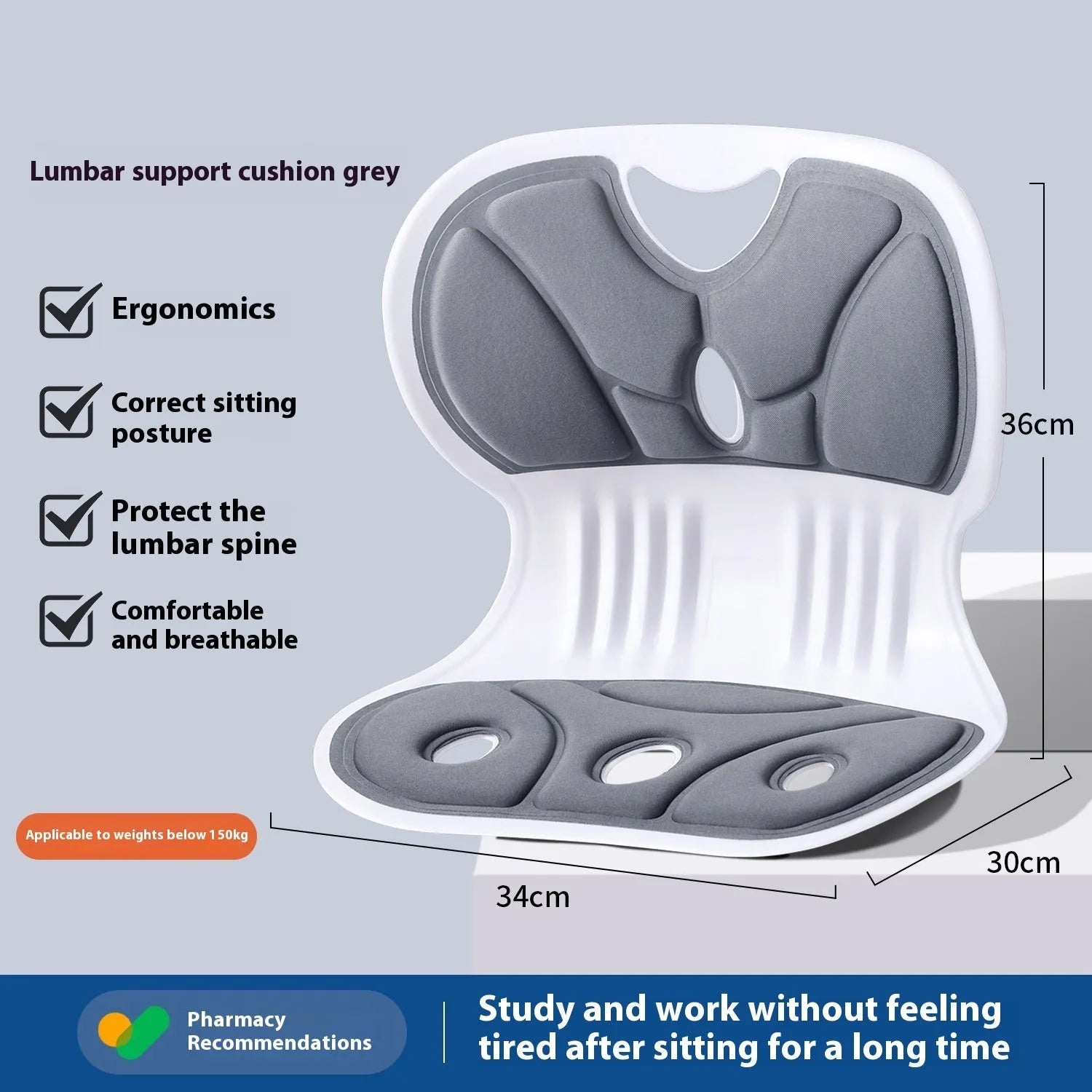 Japanese style solid colour lumbar support seat cushion in grey on a chair.