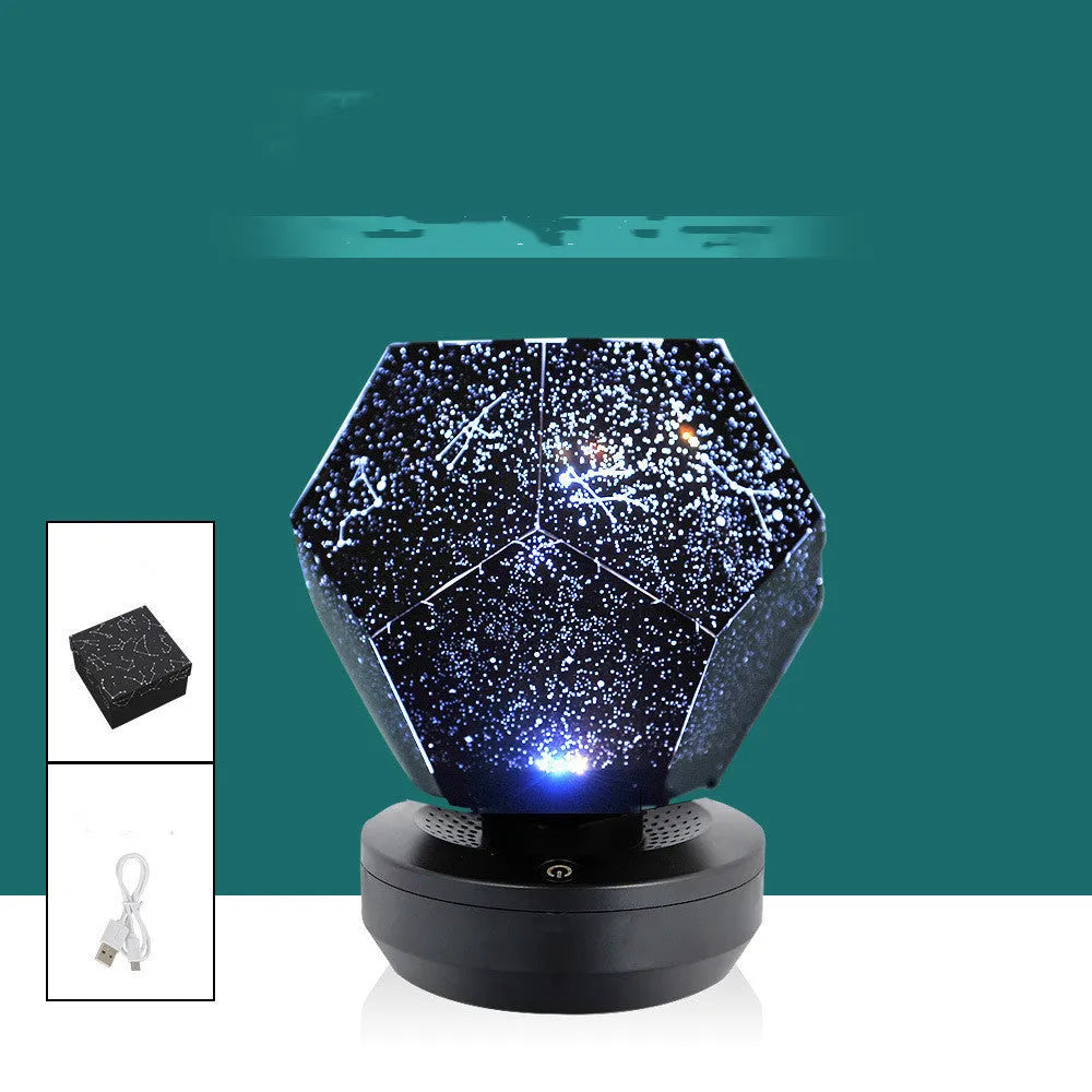 LED star projector showing constellation projection on bedroom ceiling with remote control