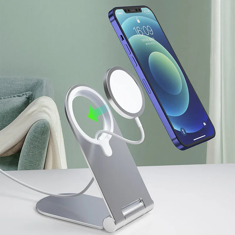 Silver aluminium alloy magnetic phone bracket for iPhone 12 with vertical adjustment mechanism