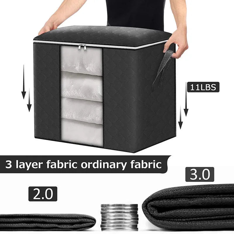 Non-woven handbag-style storage organiser for quilts and clothes in a beige colour.