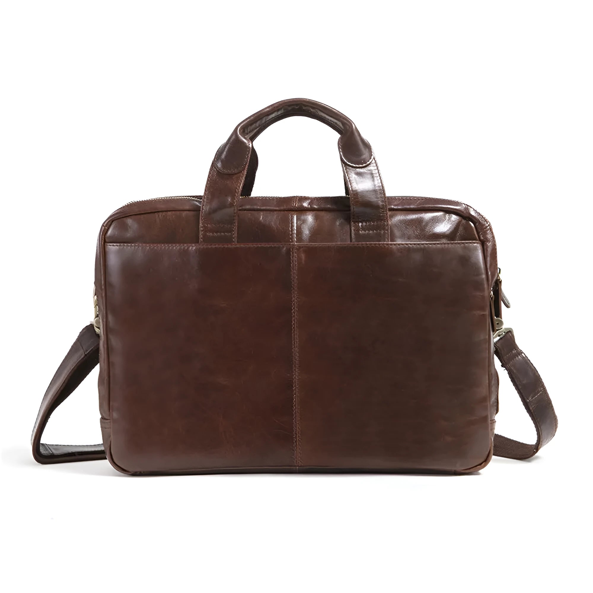 Brown men's business briefcase made from first layer cowhide leather with 18-inch laptop capacity