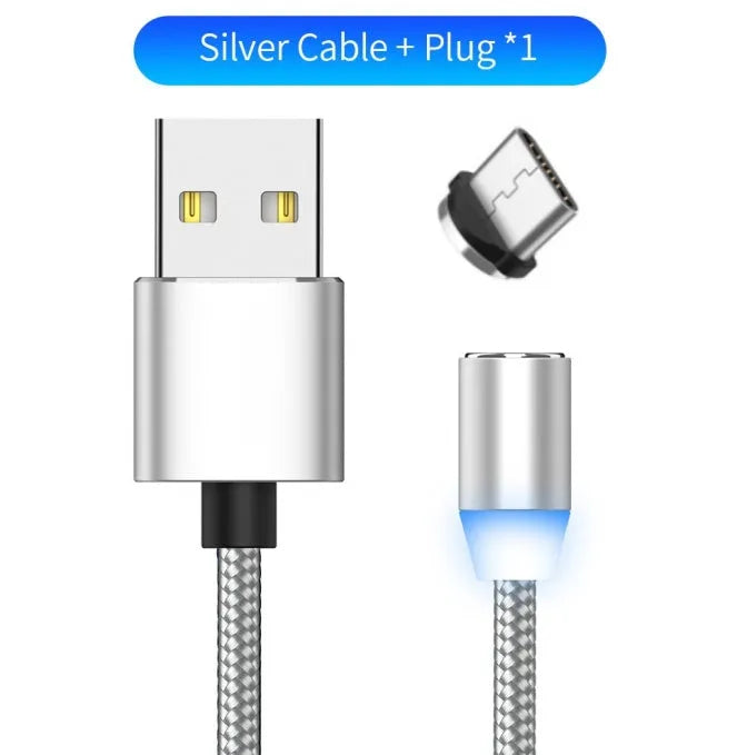 1 metre cotton braided magnetic charging cable with LED light and aluminium connectors