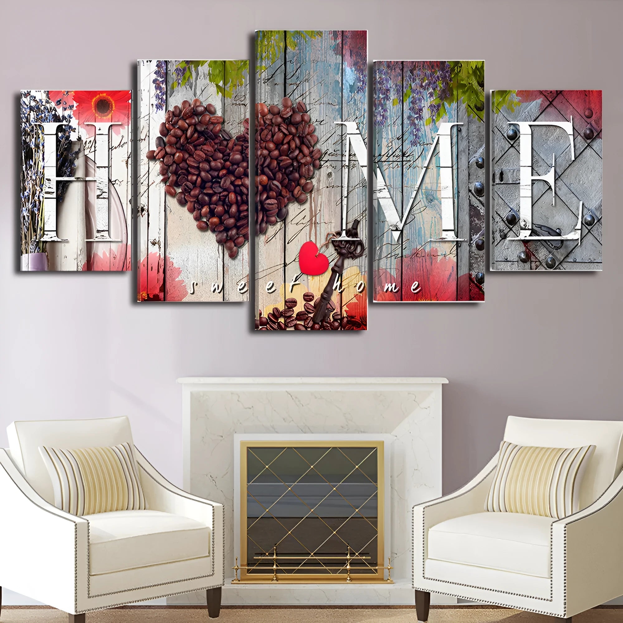 Set of five unframed red abstract canvas panels arranged as wall art display