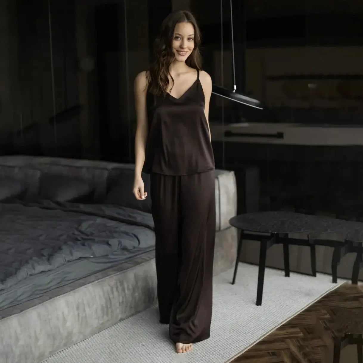 Polyester suspender trousers pajamas suit in European American style, two-piece set, available in multiple colours for home wear