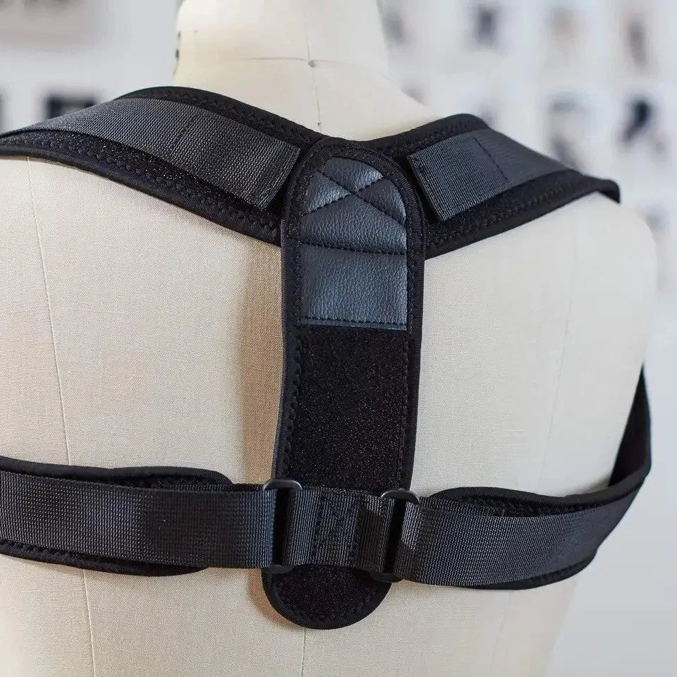 Black adjustable posture correction strap with elastic construction for back support