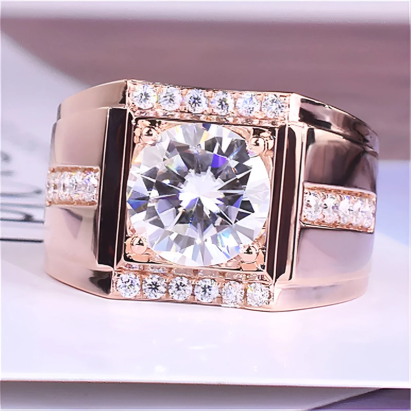 Men's adjustable diamond zircon ring in geometric design with electroplated metallic finish