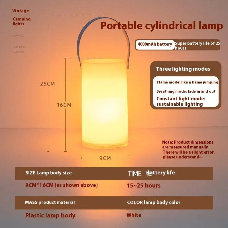 Retro portable campsite lamp with PS acrylic body and button switch in outdoor setting