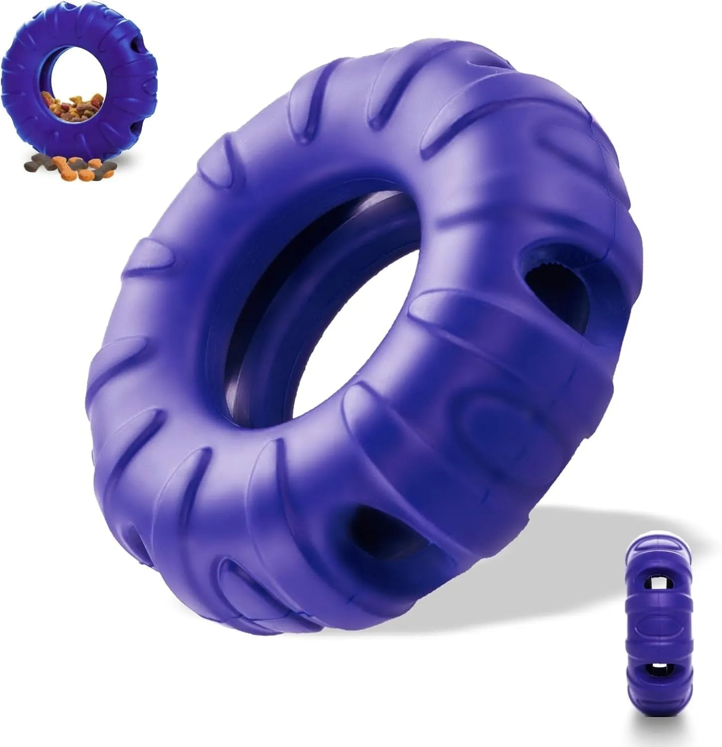 Blue rubber tyre-shaped dog chew toy with oval openings, shown next to dog treats.
