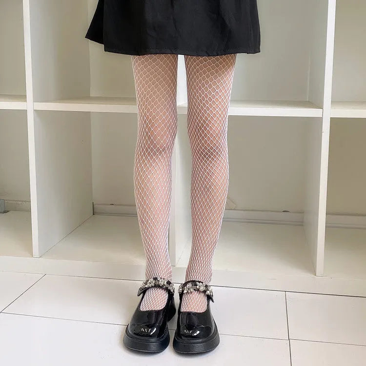 Women's summer mesh stockings in black and white, showing large, medium, and small net patterns.