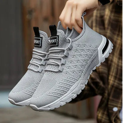 Men's solid colour casual shoes with mesh upper in army green, shown from the side.