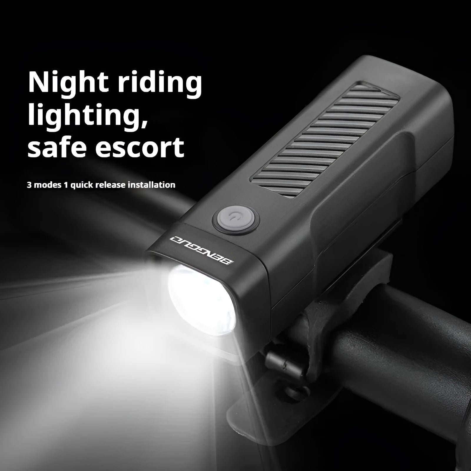 Black USB-rechargeable bicycle headlight with quick-release strap mount on handlebars.