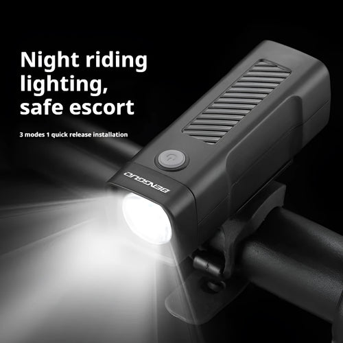 Black USB-rechargeable bicycle headlight with quick-release strap mount on handlebars.