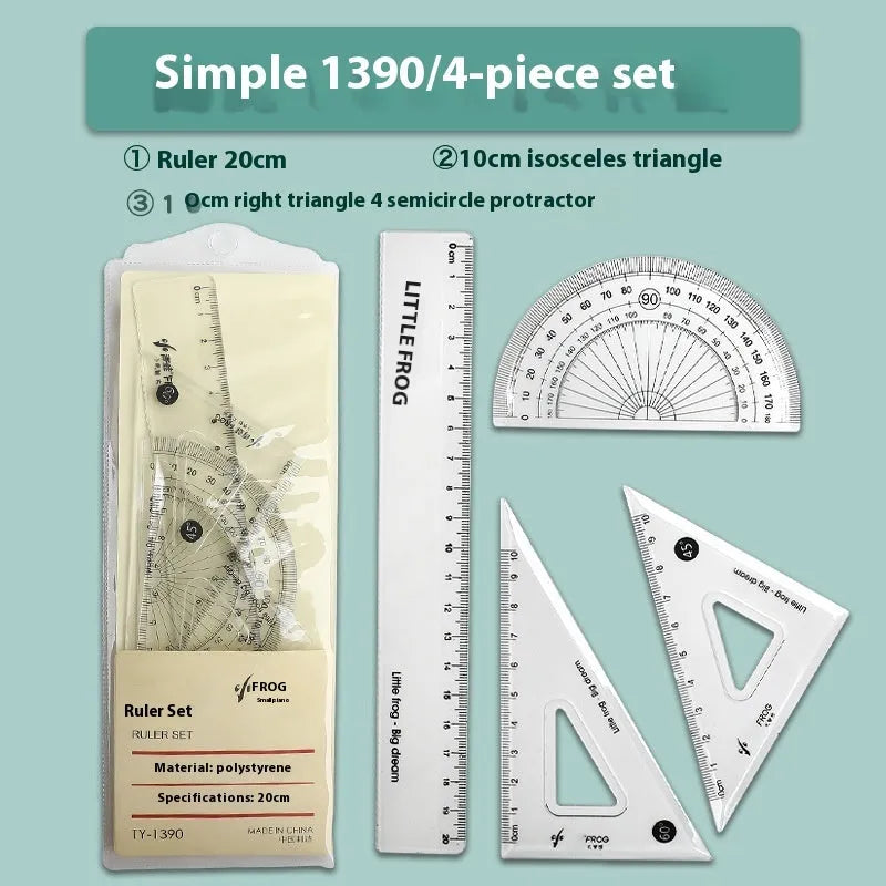 Youpai transparent acrylic ruler set with square and protractor on lined paper.