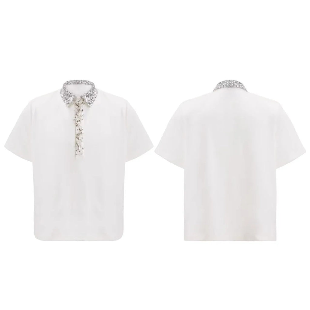 Men's black loose fit square collar polo shirt with embroidered sequin pattern and short sleeves