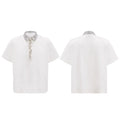 Men's black loose fit square collar polo shirt with embroidered sequin pattern and short sleeves