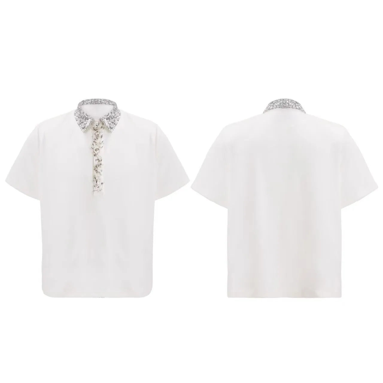 Men's black loose fit square collar polo shirt with embroidered sequin pattern and short sleeves